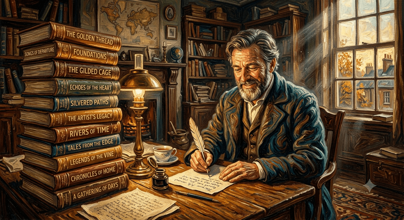 An author at a warm desk, writing, their published stories stacked beside them