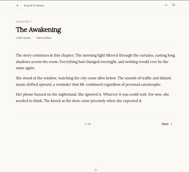 Chapter reader, a clean reading view with progress saved between sessions