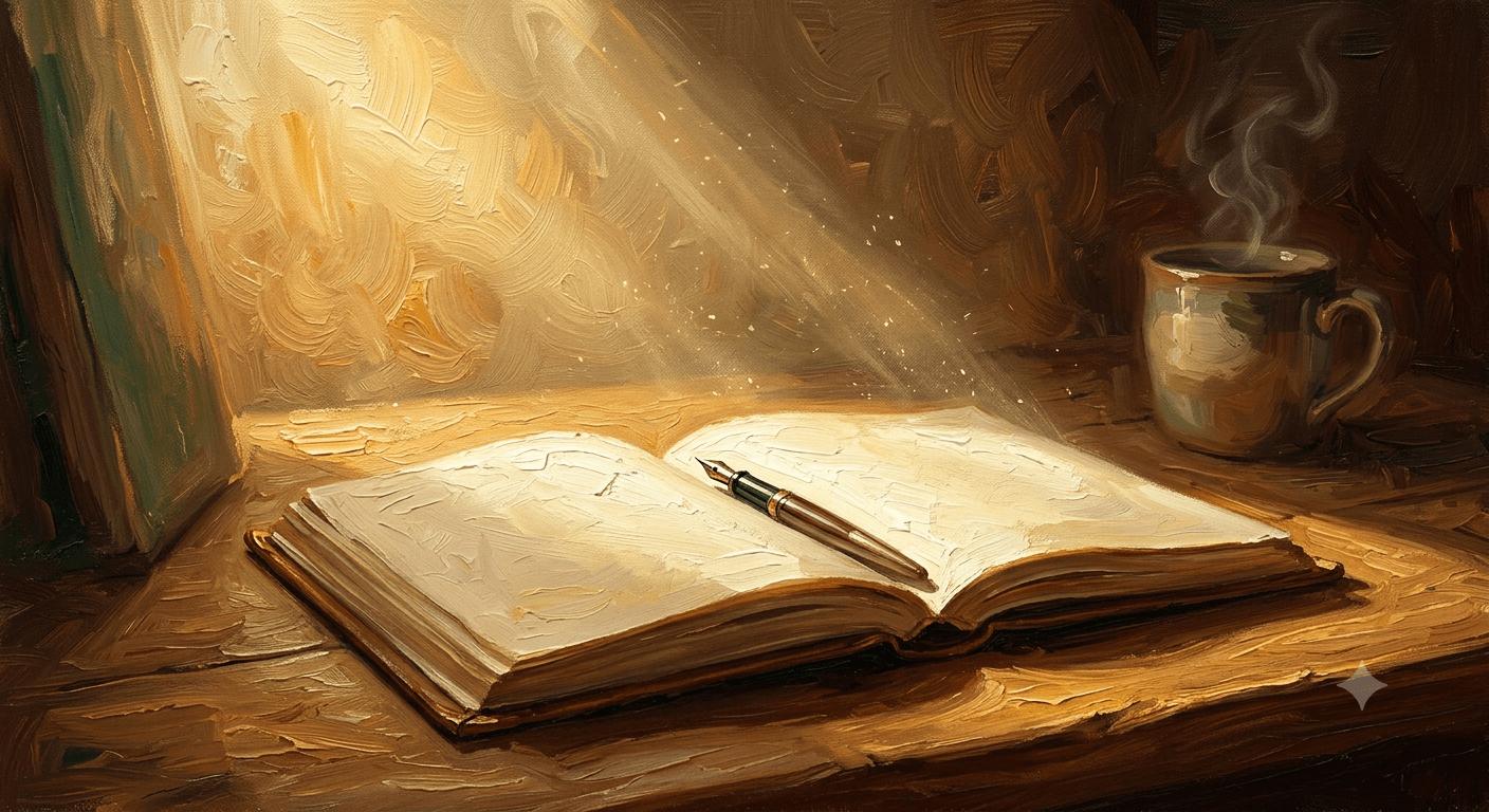 An open book on a warm desk, the quiet start of a new story