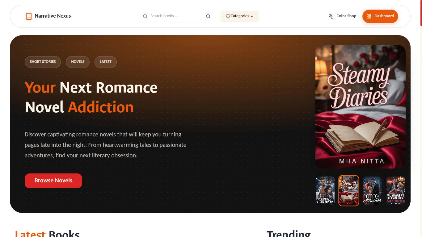 Stories Converge homepage with trending, new release, and featured serialized stories
