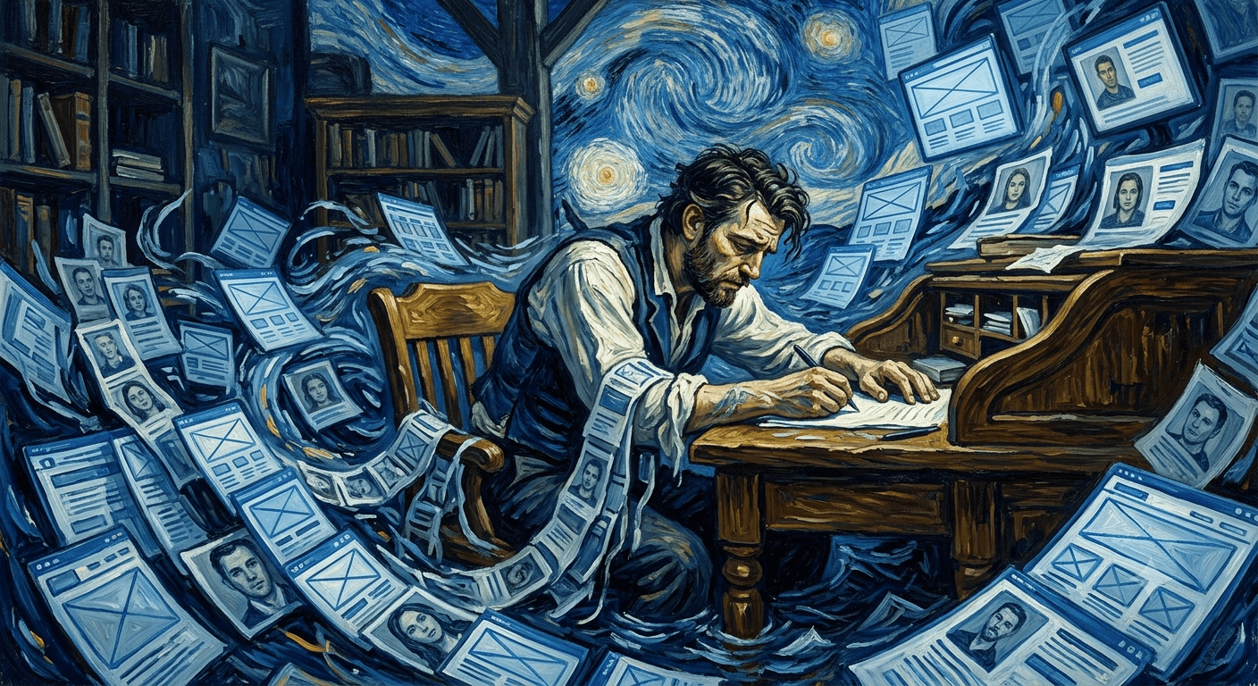 An author at a desk, drowning in identical, lifeless template websites